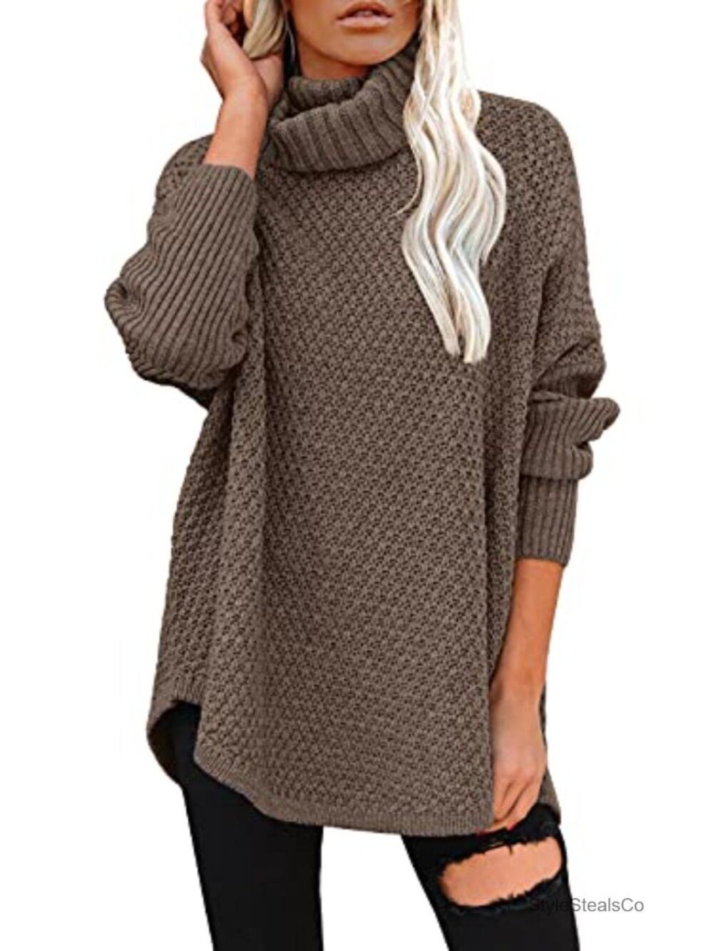 Oversized Turtleneck Long Sleeve Knit Tunic Sweater Pullover
